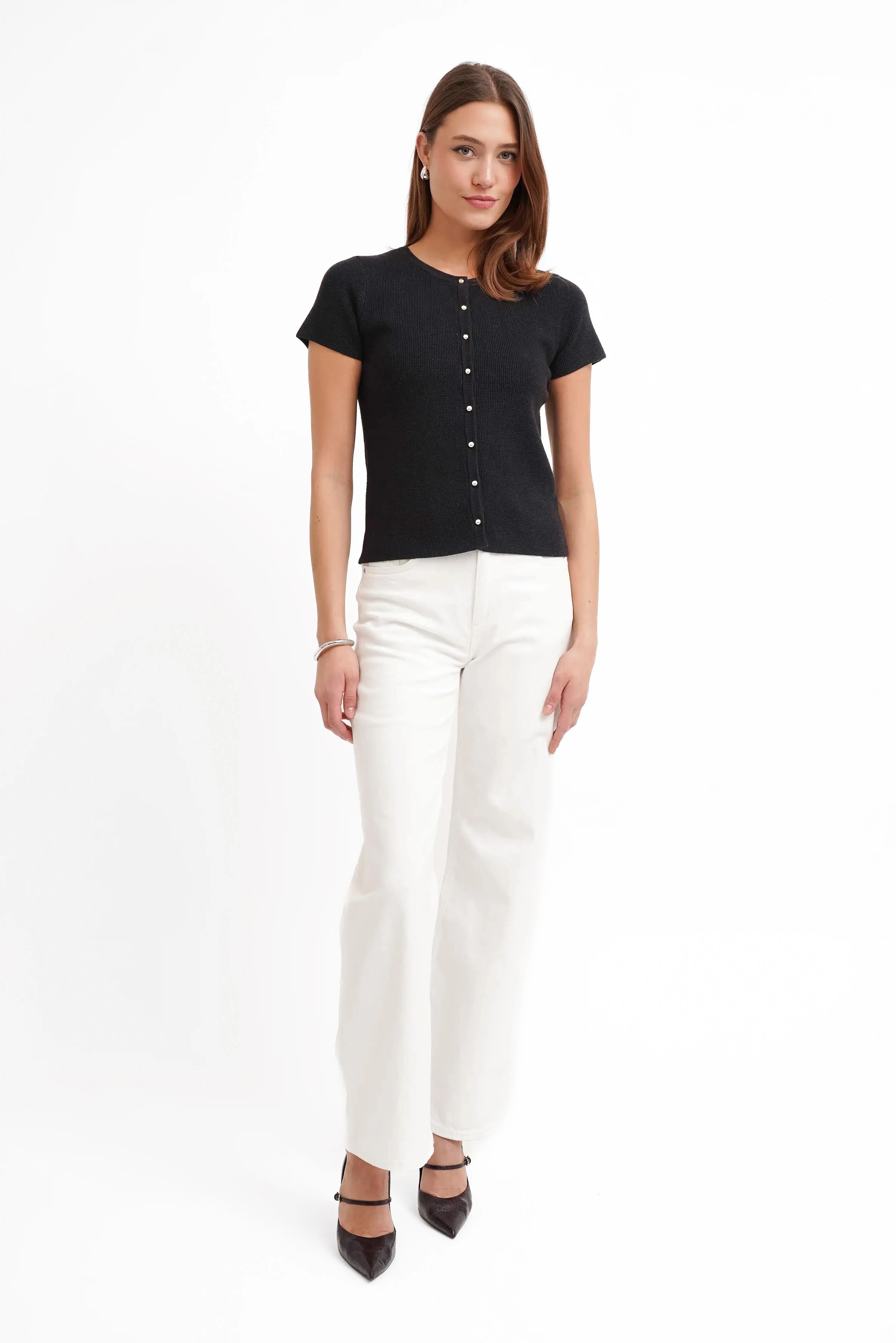 The Textured Button Short Sleeve Cardigan - Image 4